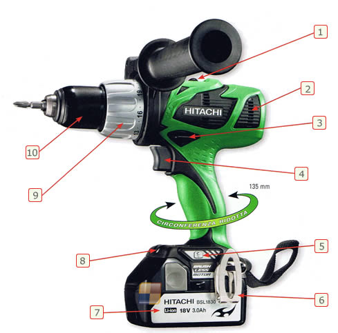Dettagli avvitatora DV18DBL Hitachi Dettagli trapano avvitatora DV18DBL Hitachi